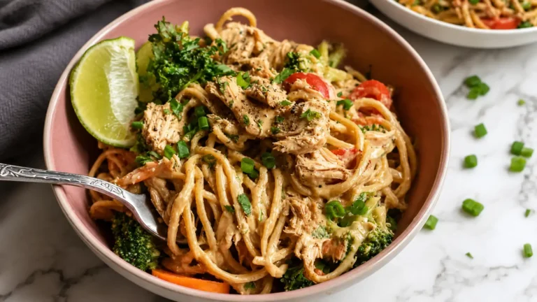 High Protein Peanut Butter Noodles with Chicken or Shrimp