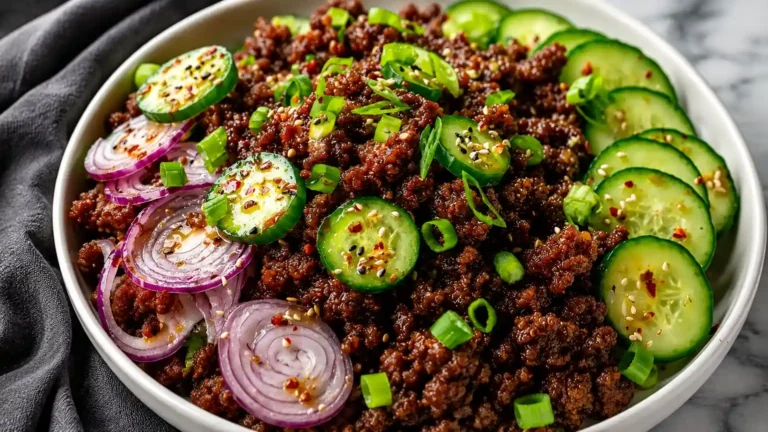 Spicy Keto Korean Ground Beef with Cucumber Salad