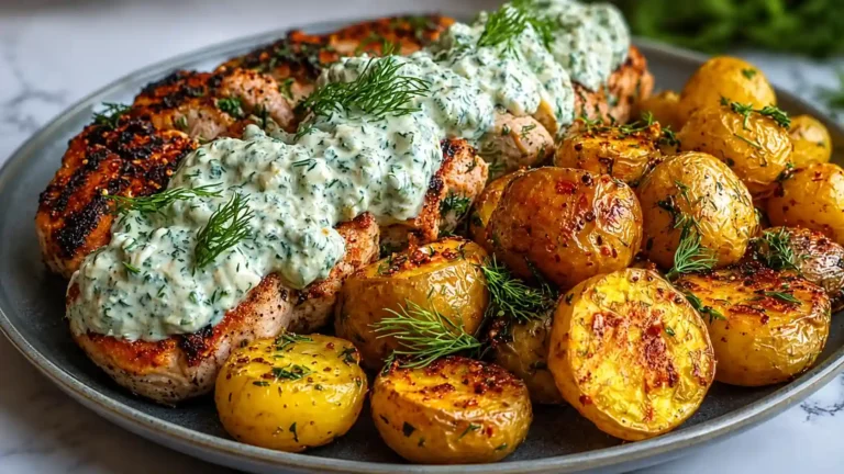 Spicy Yogurt Marinated Chicken with Dill Feta Cream & Crispy Potatoes