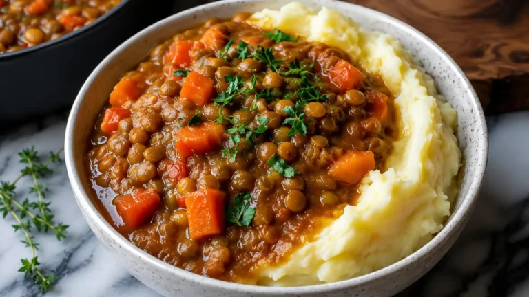 High Protein Lentil Stew Over Mashed Potatoes