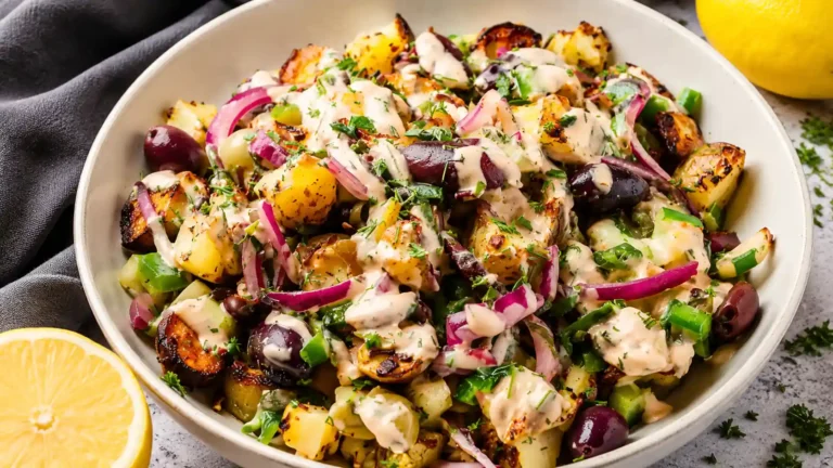 High Protein Smashed Potato Salad with Tahini Dressing