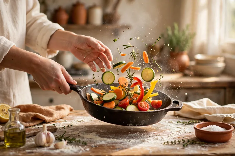 Home cook tossing fresh vegetables in a skillet