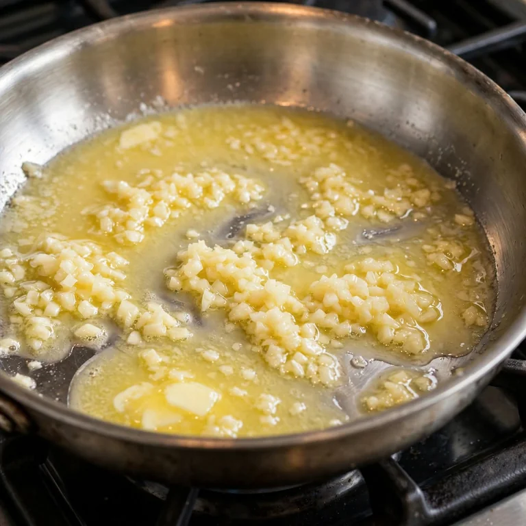 butter melting with minced garlic in a wide skillet for homemade Alfredo sauce base