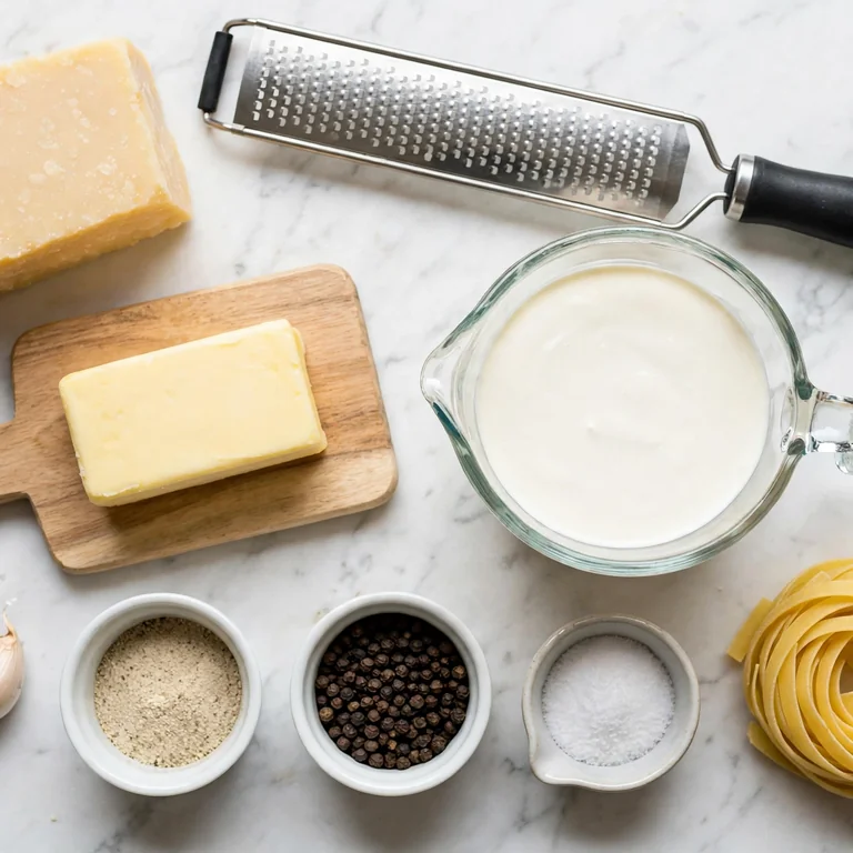 Alfredo sauce ingredients flat lay on white marble including Parmesan block, butter, cream, and fettuccine