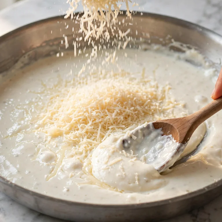 freshly grated Parmesan being stirred into cream sauce off heat for homemade Alfredo