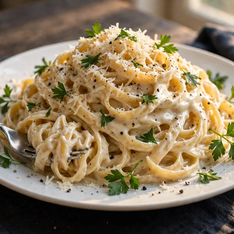 homemade Alfredo fettuccine on white pasta plate with extra Parmesan, pepper, and parsley