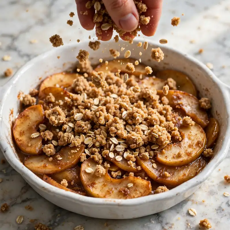 Scattering oat streusel over apples