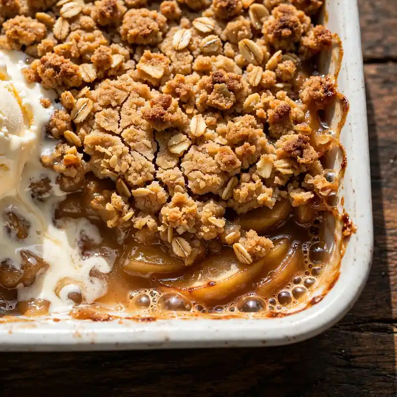 Warm apple crisp with vanilla ice cream
