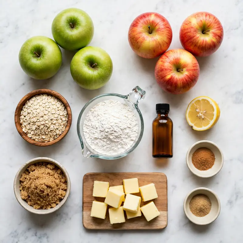 Apple crisp ingredients on marble