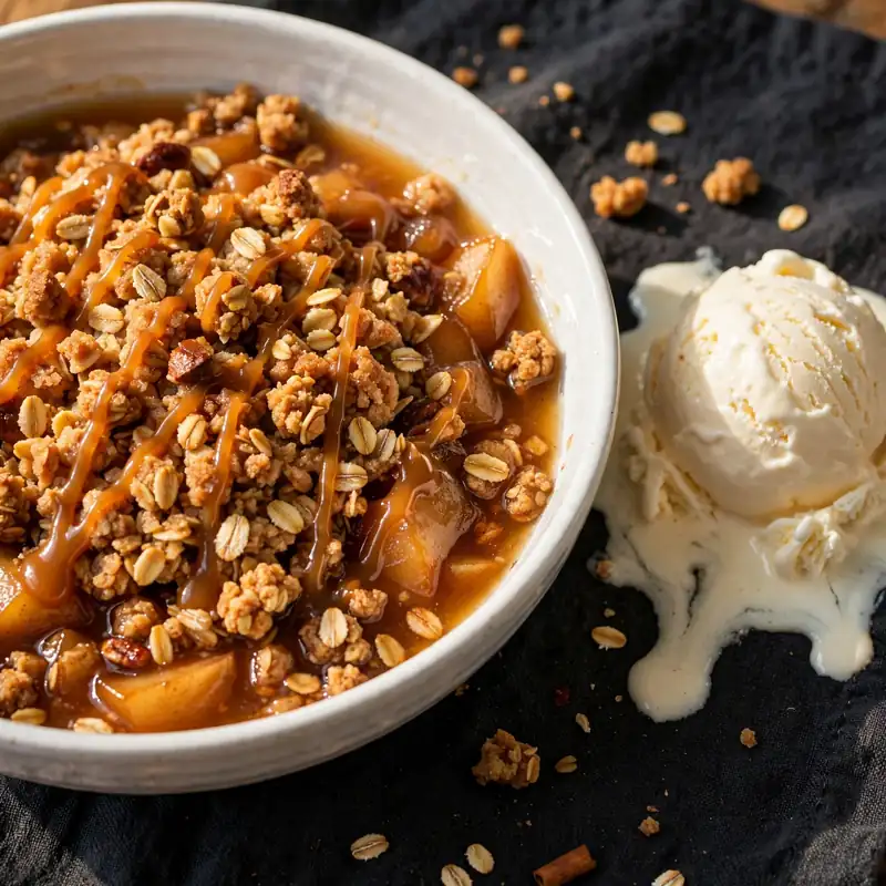 Apple crisp serving with ice cream