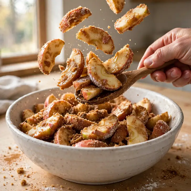 Tossing spiced apple slices in bowl