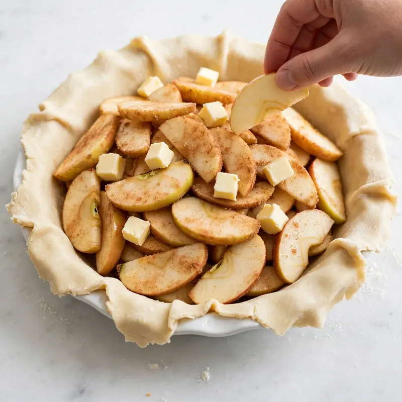 Raw apple pie filling being arranged in pastry-lined pie dish