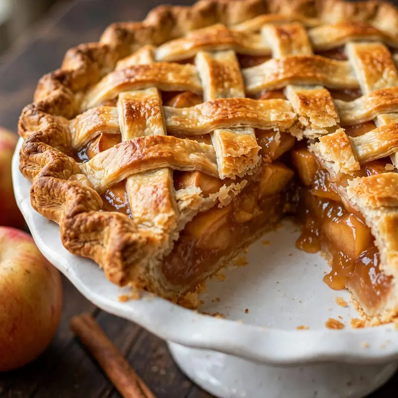 Classic apple pie on white ceramic stand with lattice crust and slice removed showing caramelized filling