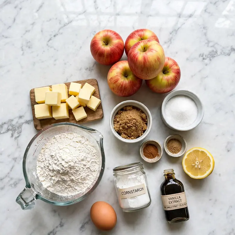 Apple pie ingredients flat lay on white marble