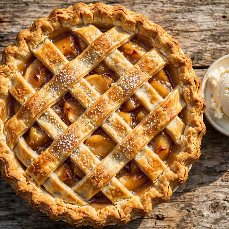 Overhead view of classic apple pie with golden lattice crust