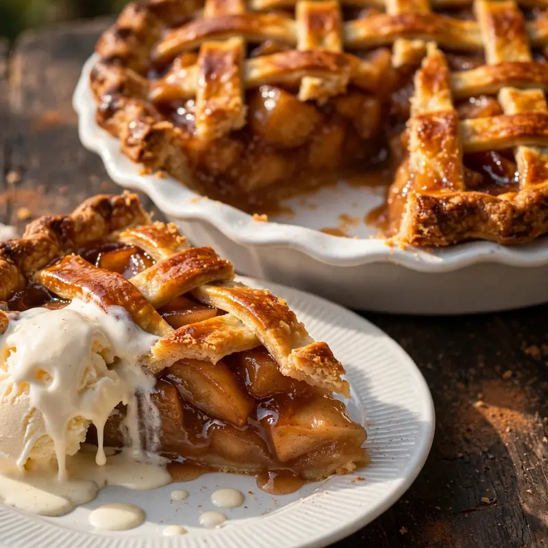 Apple pie slice on white plate with vanilla ice cream