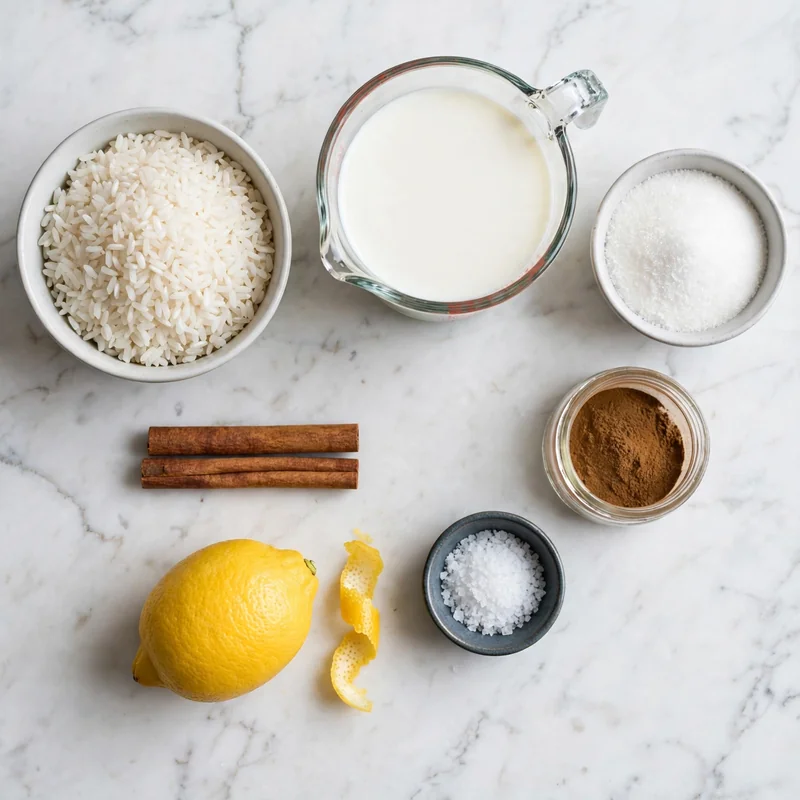 Arroz con leche ingredients on white marble including rice, milk, cinnamon, and lemon
