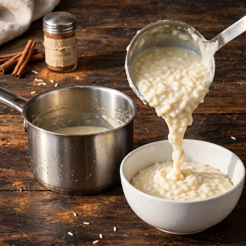 Arroz con leche being ladled from a saucepan into a white bowl