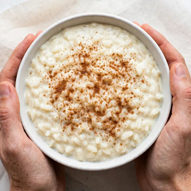 Bowl of arroz con leche with cinnamon dusting held in hands