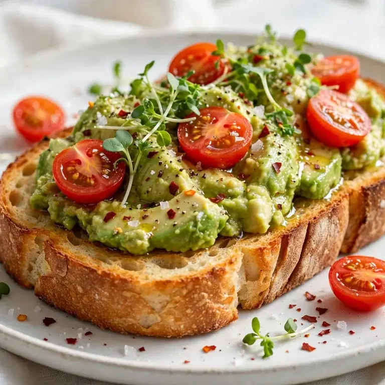 Final beauty shot of avocado toast on sourdough with cherry tomatoes