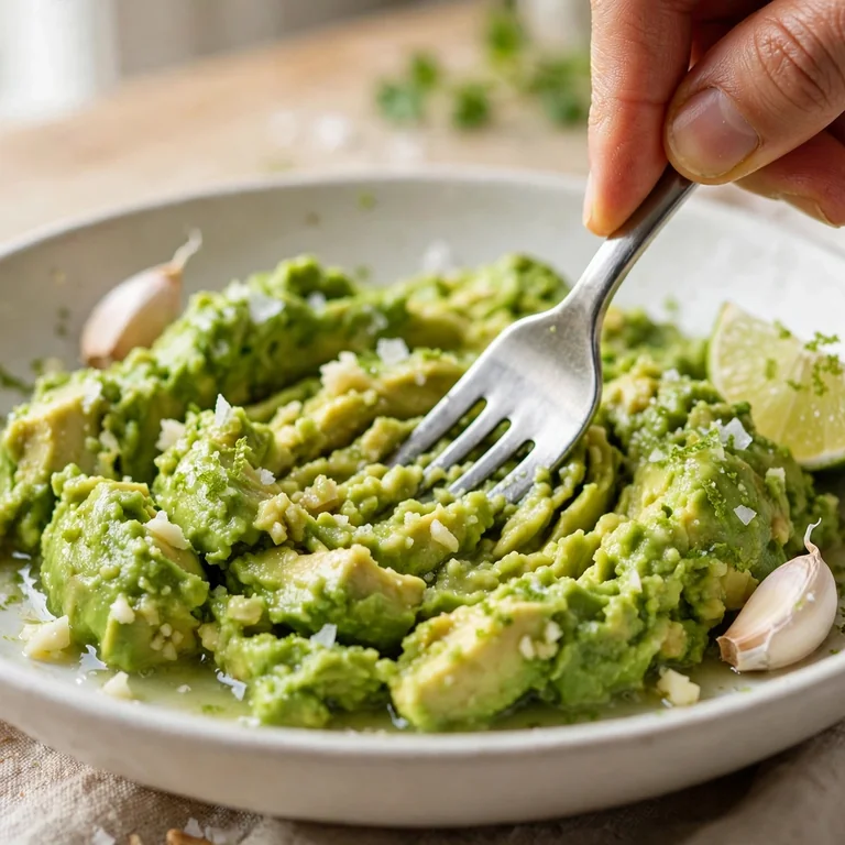 Avocado being mashed in a white bowl with a fork, lime juice and garlic