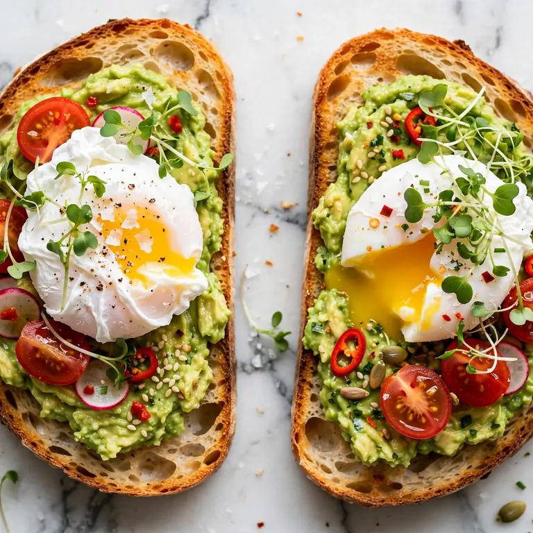 Two slices of avocado toast overhead on white marble, one with poached egg