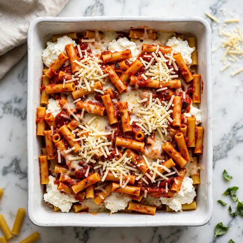 Baked ziti being assembled in a white ceramic baking dish showing ricotta and cheese layers