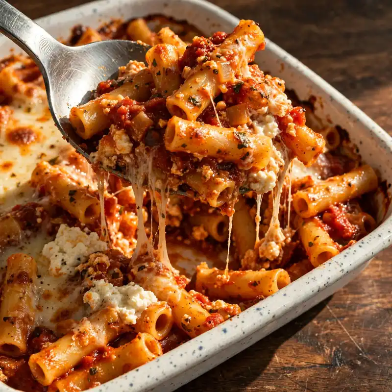 Serving spoon lifting a cheesy portion of baked ziti from a baking dish