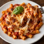 Fork lifting a cheesy bite of baked ziti with melted mozzarella stretch from a plate