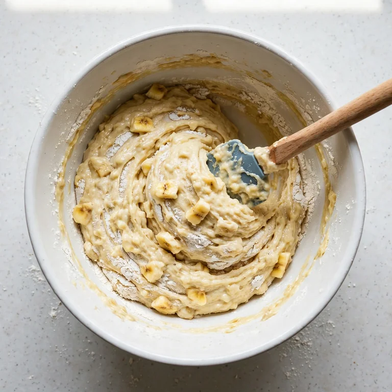 Banana bread batter being folded in a white mixing bowl with a spatula