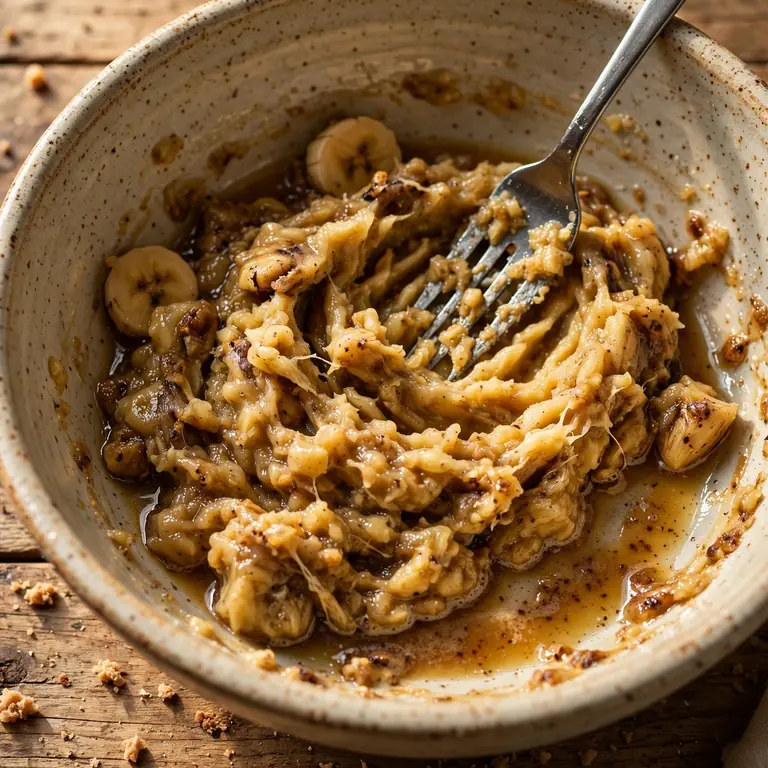 Mashing overripe bananas with a fork in a mixing bowl with browned butter