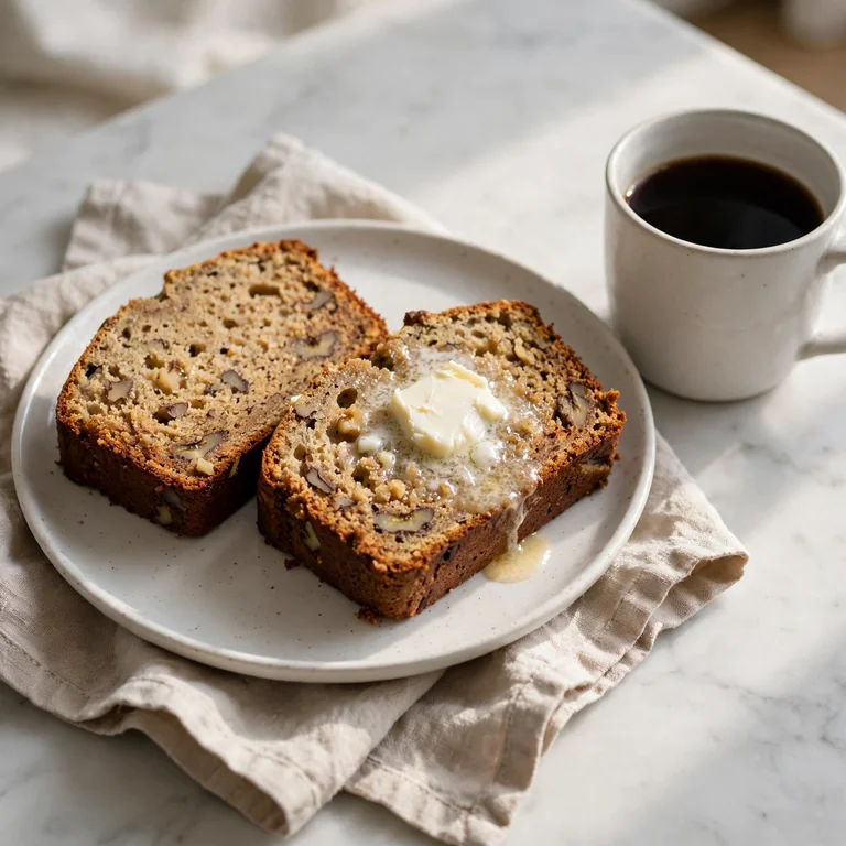 Two slices of banana bread with butter on white plate beside a mug of black coffee