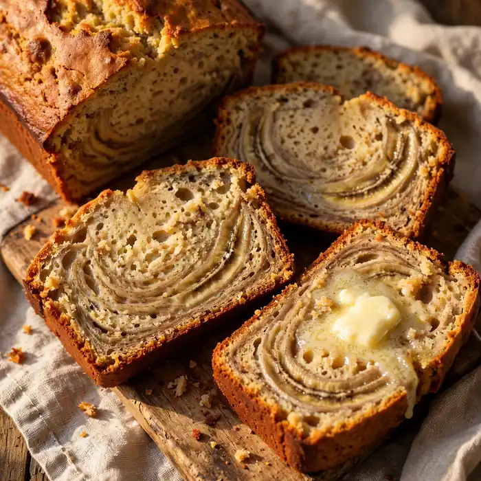 Moist banana bread slices with melted butter