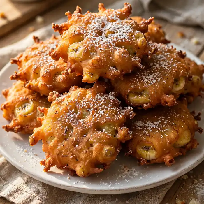 Crispy banana fritters with powdered sugar
