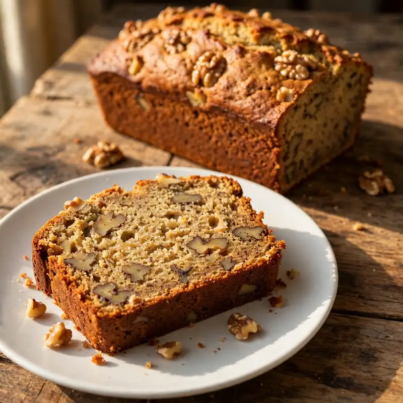 Banana nut bread slice with walnuts