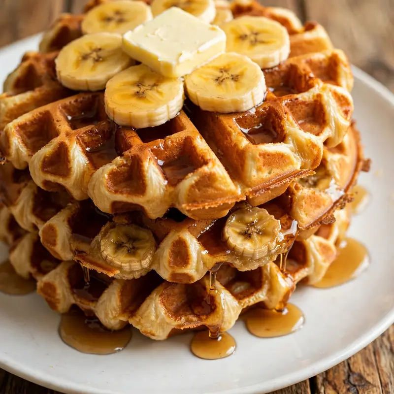 Crispy banana waffles with maple syrup