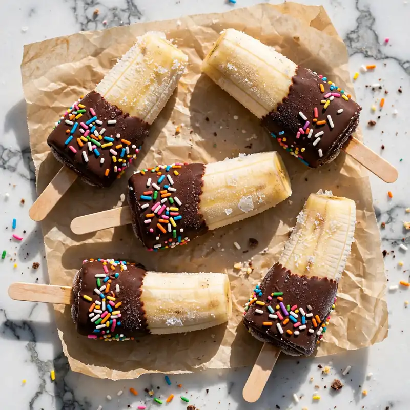Chocolate dipped banana popsicles with sprinkles