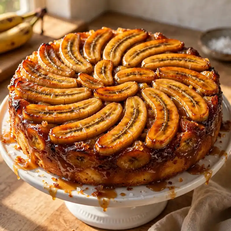 Banana upside down cake with caramel glaze