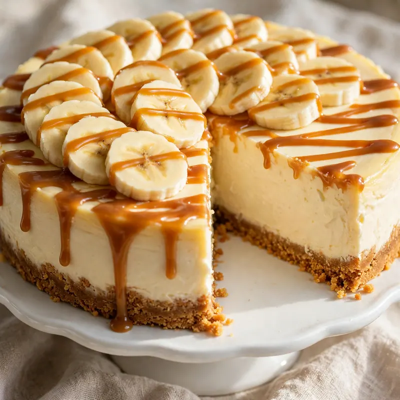 Banana cheesecake with caramel drizzle