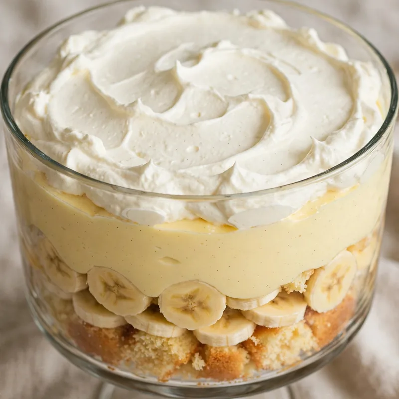 Layered banana trifle with custard