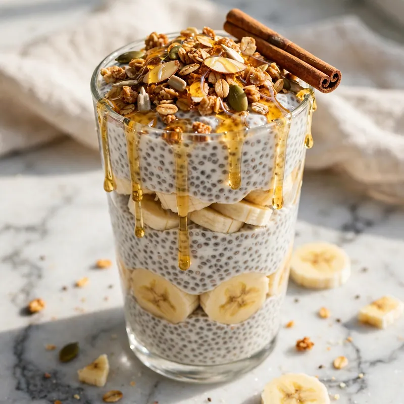 Banana chia pudding with granola