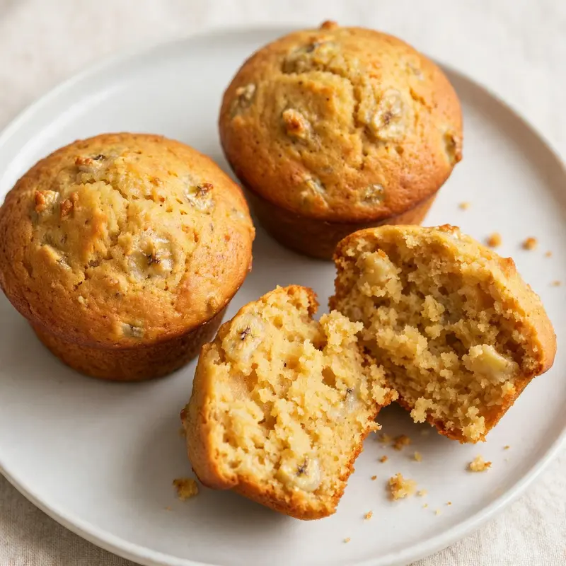 Golden banana muffins on white plate