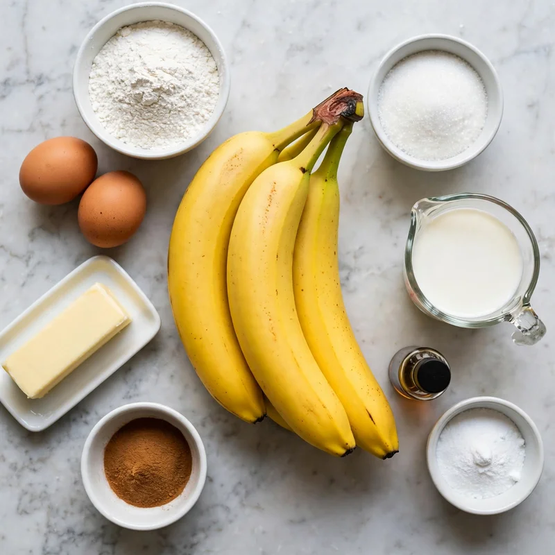 Banana muffin ingredients laid out on grey marble surface