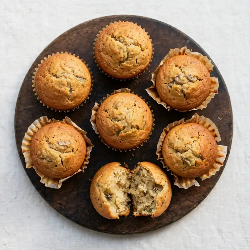 Overhead shot of banana muffins on wooden board with one split open