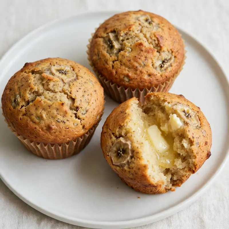 Banana muffins on white plate with butter and coffee