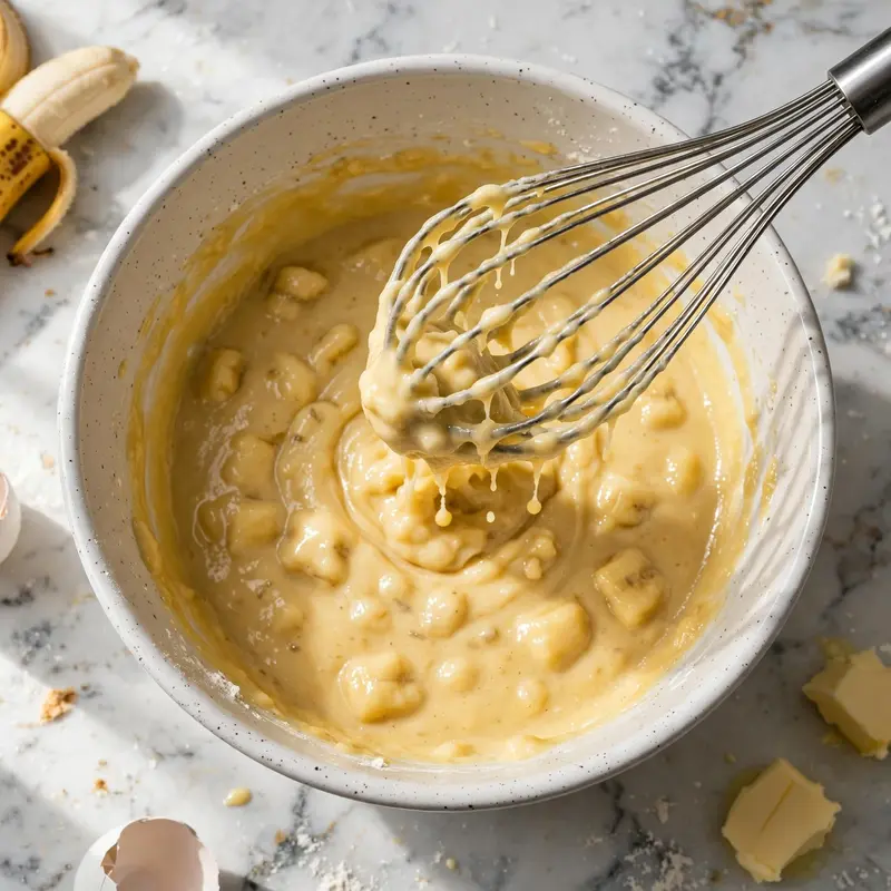 Wet banana muffin batter being whisked in a stainless steel bowl