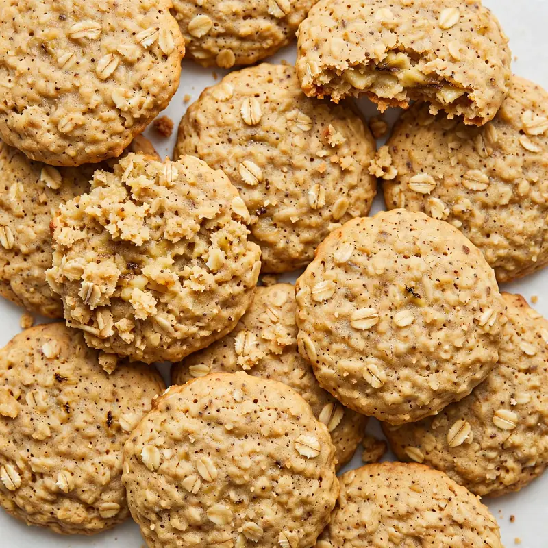 Banana oatmeal cookies, soft golden cookies in a big pile