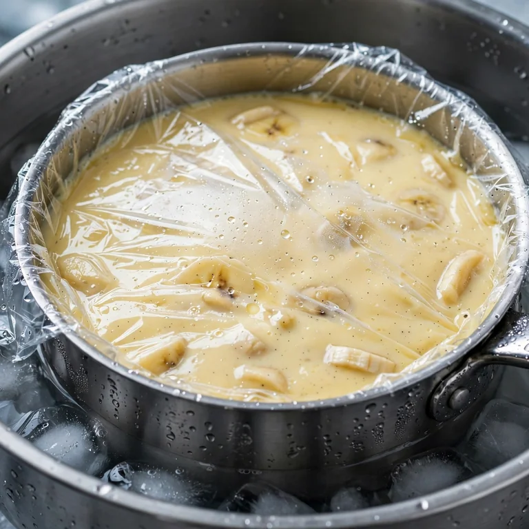 Banana pudding custard cooling in ice water bath with plastic wrap pressed on surface
