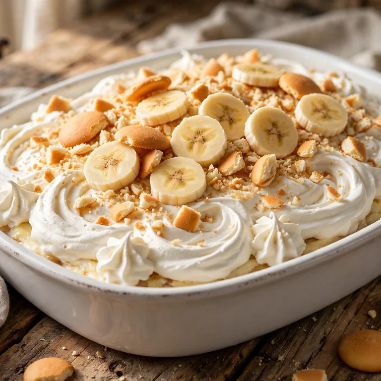Final beauty shot of classic banana pudding in white dish with whipped cream and banana slices