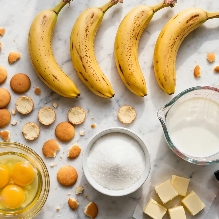 Banana pudding ingredients flat lay on white marble including bananas, wafers, and custard ingredients